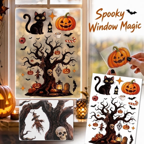 Halloween Spooky Dead Tree and Pumpkin Window Clings, Static Decals with Black Cat and Bats for Glass Surfaces, Reusable Holiday Home Party Decoration