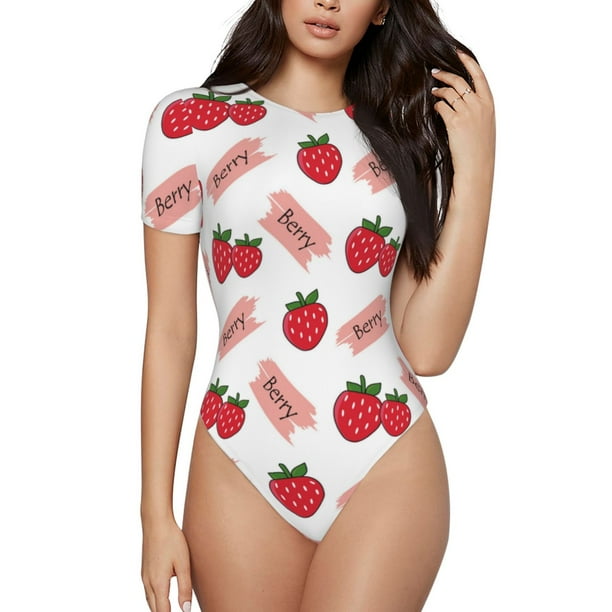 Balery Strawberry Body de cuello redondo de manga corta para mujer Tops de manga corta Tops básicos-Medium