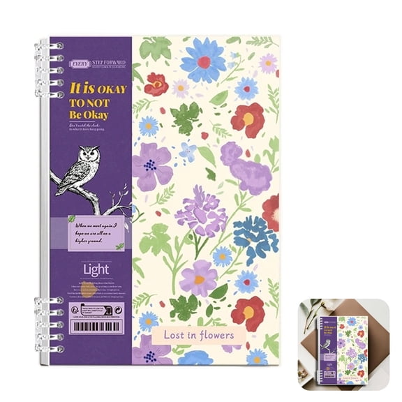 KUMHONW Cute Floral Small Spiral Notebook, Vine Ditsy | 8.25" x 5.71" Mini Journal with Durable Hardcover,60 Lined Perforated Pages,Rounded Corners,and Pocket Page