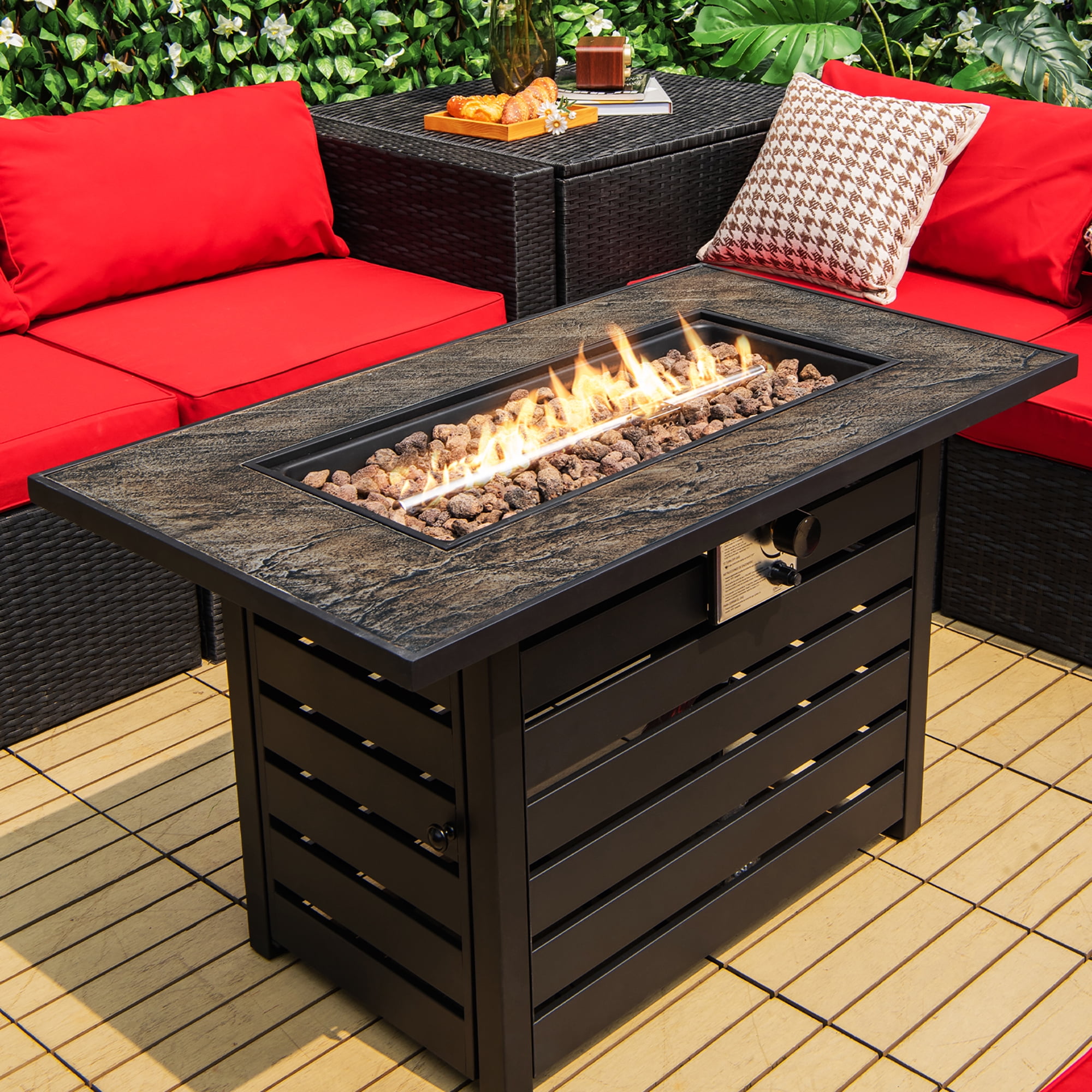 Costway 42'' Rectangular Propane Fire Pit Table 50,000 BTU W/ Lava Rocks & PVC Cover