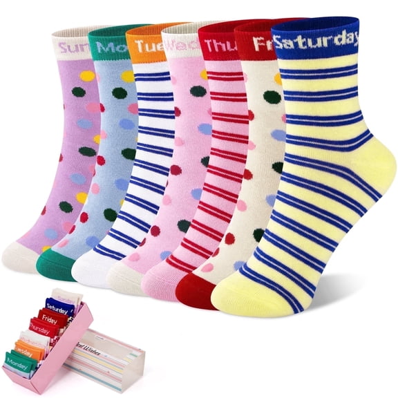 Lorrita Toddler Socks for Girls Funny 7 Days of the Week Cotton Little Girl Socks Novelty Girl Socks Gift Box, 7-10 Years Old