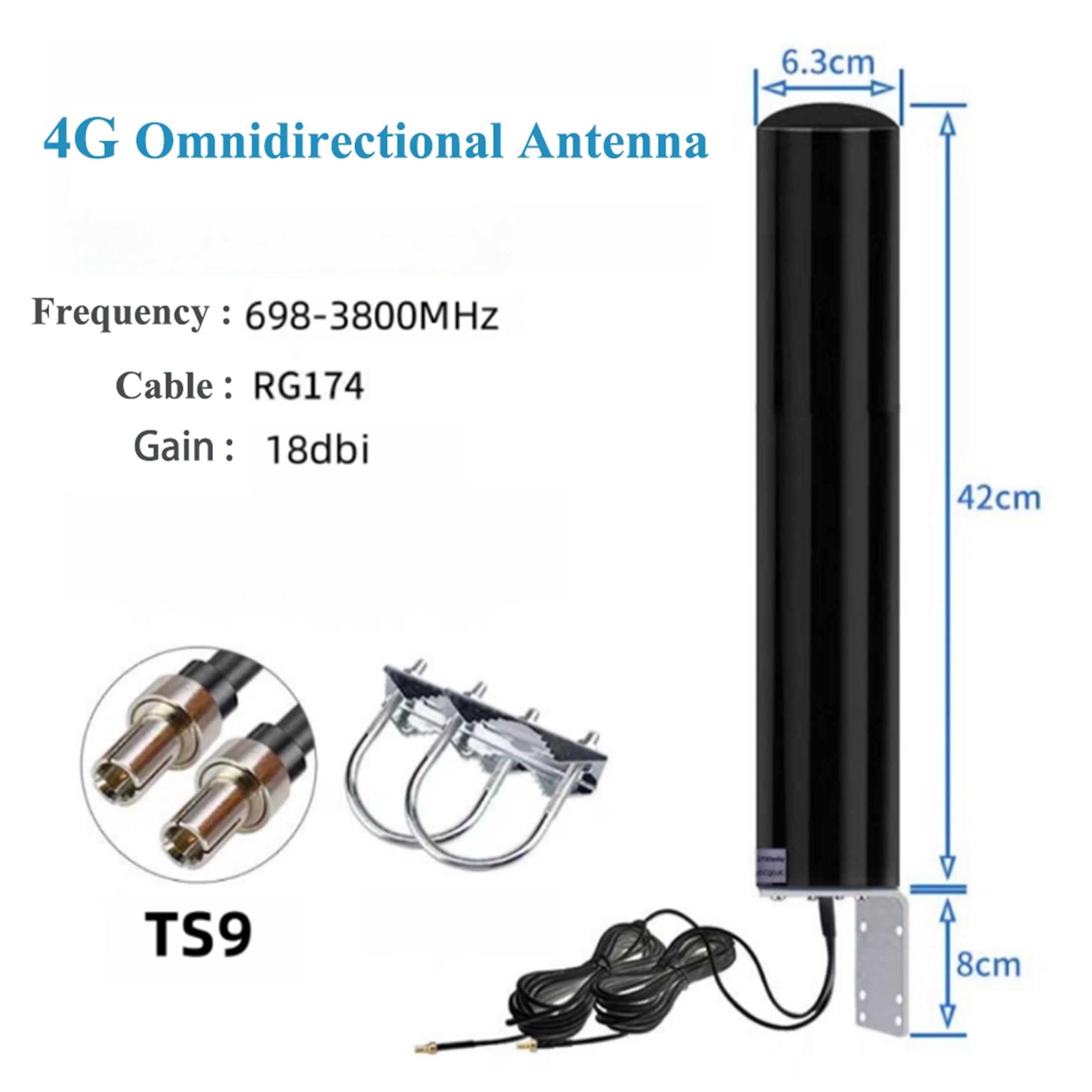 Black 4G/5G Wideband Omnidirectional Antenna, 18dBi High Gain Outdoor Signal Booster with 5m Cable, IP67 Waterproof 360 Coverage