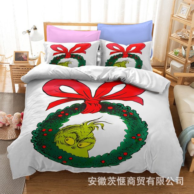 3D Bedding Kit Christmas Green Hair Monster Grinch Quilt Cover Series Digital Printing Cartoon Pillowcase Three-piece Set