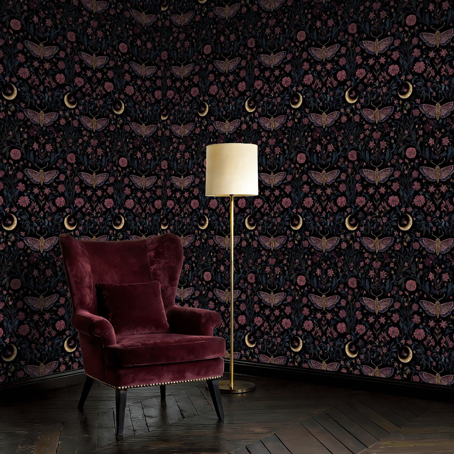 Peel and Stick Wallpaper Baroque Butterflies Floral Dark Wall Mural 17.7in x 9.8ft Self Adhesive Removable Wall Paper Renter Friendly Wallpaper for Nursery Bedroom Cabinets