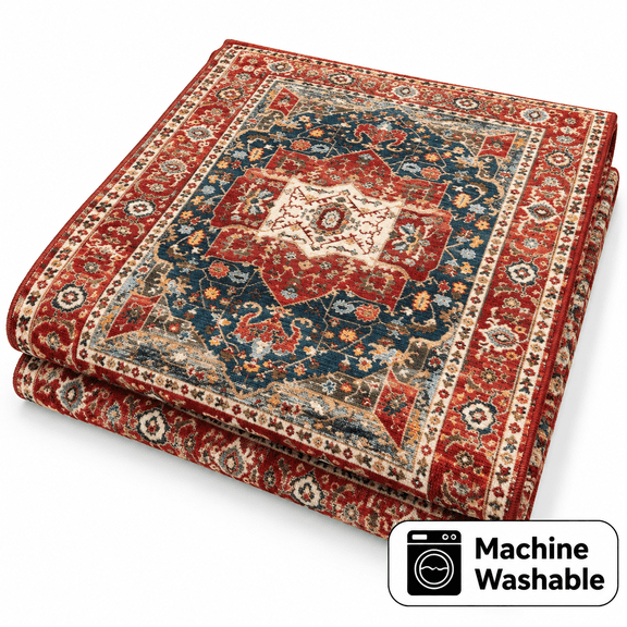 YUCHANG 5x7 Washable Vintage Medallion Area Rug, Boho Non-Slip Carpet for Living Room