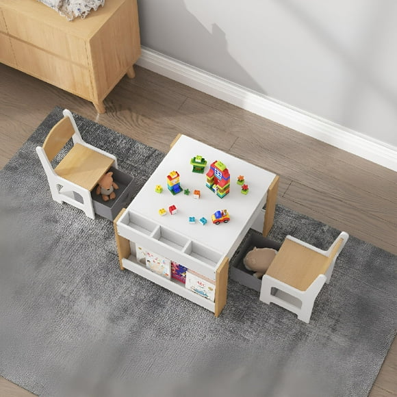 EDTara Kids Table and Chair Set, 4 In 1 Wooden Activity Table & 2 Chairs With Storage Drawer Detachable Tabletop for Toddlers Kids Drawing, Reading, Crafts, Art,Homework, Nursery, Playroom,Classroom