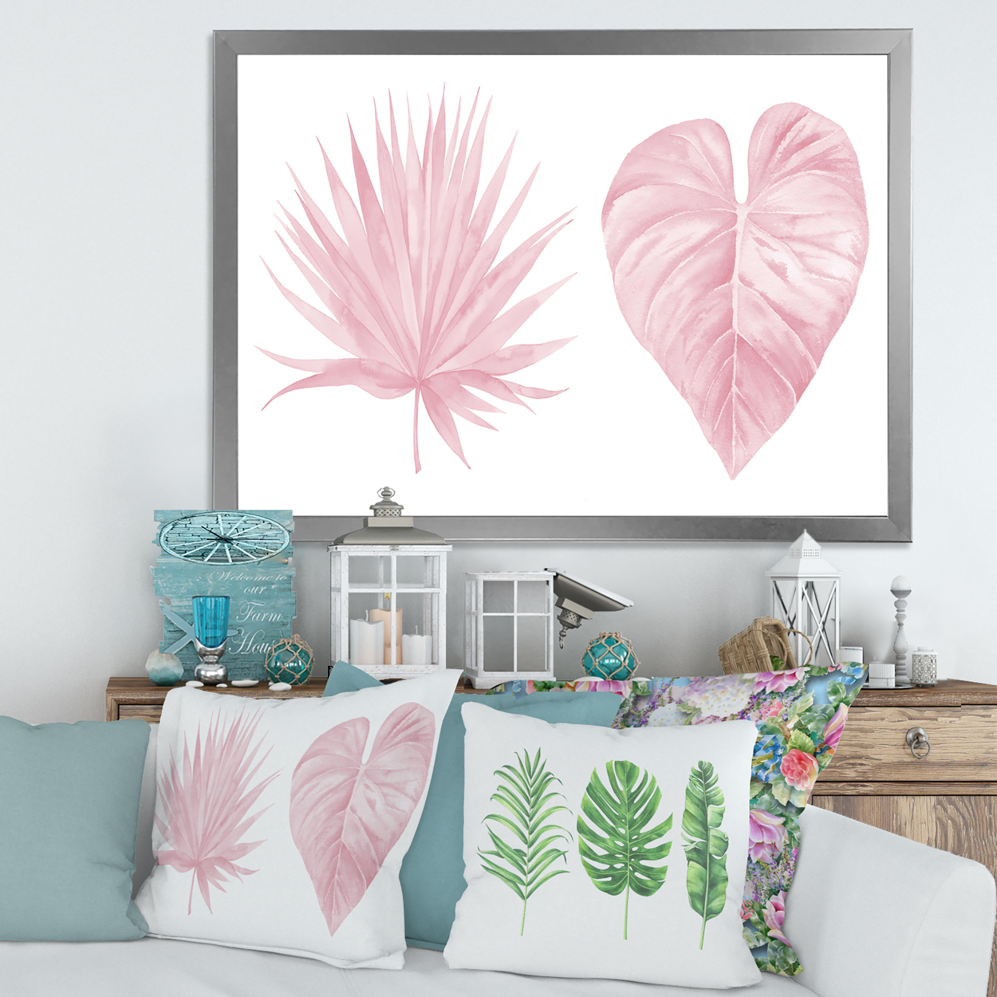 Designart 'Tropical Pink Watercolour Leaves On White II' Shabby Chic Framed Art Print