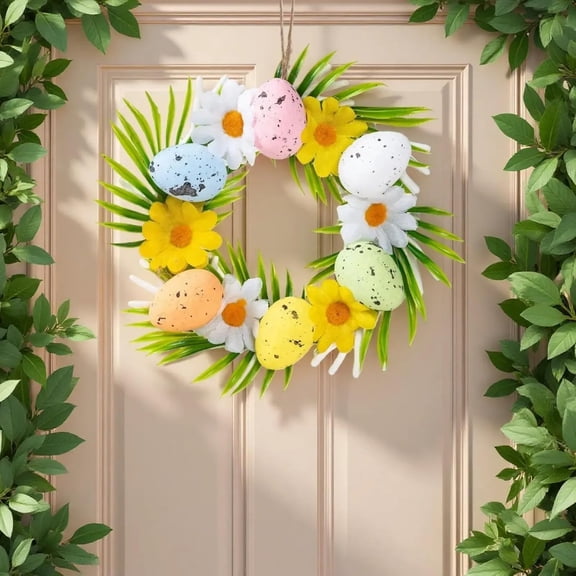 Colorful Easter Egg Wreath with Grapevine Base for Door and Wall Decoration, Indoor Outdoor Use (Green,1Pcs, B)