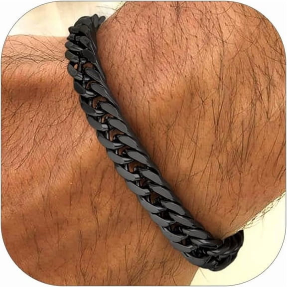 Stainless Steel Cuban Link Bracelet for Men, Gold Plated/Black/Silver Mens Chain Bracelet 8/12/17mm Width, 7.5/8.3/9.1 Inch Length Sturdy Wrist Bracelets Hip Hop Jewelry, with Gift Box Black-8mm Widt