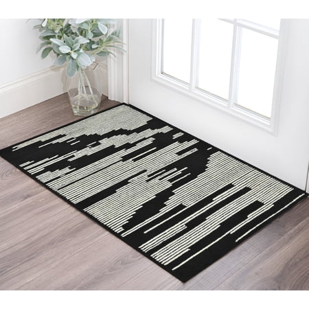 2' X 3' Black And Ivory Wool Abstract Hand Hooked Area Rug