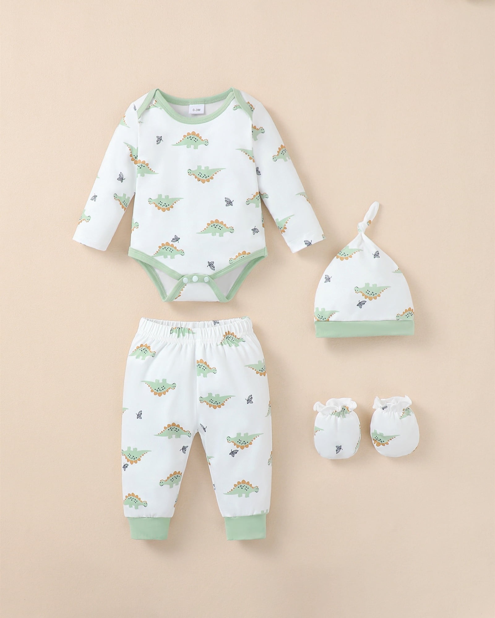 KIMI BEAR Newborn Preemie Baby Boys Layette Set 4 Packs Shower Gift Sets Romper Top Pants Set Short Sleeves Tops Dinosaurs Print Striped Outfits with Bodysuits 15pcs Essential Clothes Green