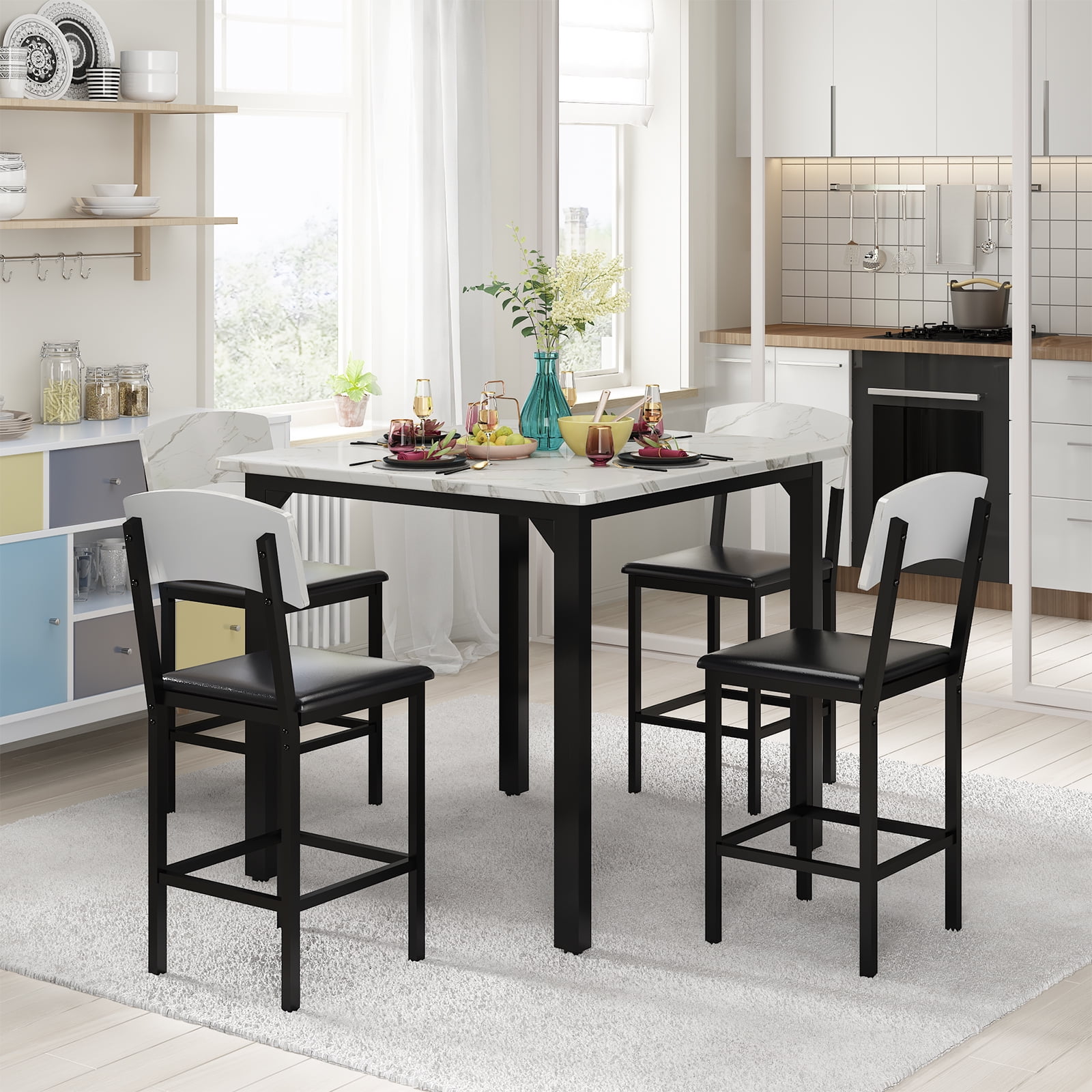 Baxluxe Dining Table Set for 4, Faux Marble Desktop Kitchen Table with 4 Upholstered Dining Chairs, Modern Dining Room Table Sets for Small Space, Apartment, White