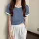 thumbnail image 4 of Camiseta de manga corta Cuello redondo Color de contraste Versátil Moda Mujer Casual Verano Top Azul L, 4 of 12