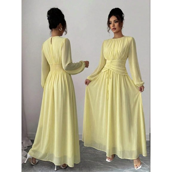 Light Yellow Womens Elegant Chiffon Ruched Round Neck Long Sleeve Maxi Dress For Summer Picnic Holiday