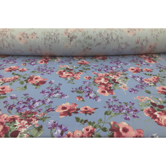 Printed Liverpool Textured Fabric Stretch Blue Gray Pink Purple Floral 1N10