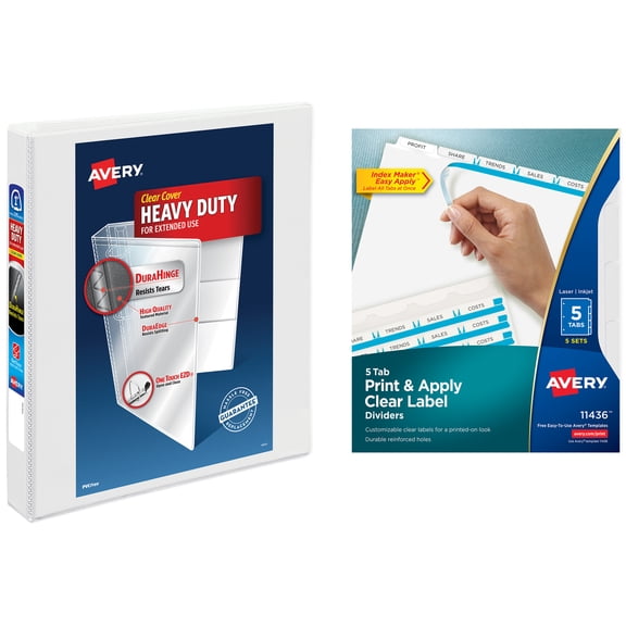 Avery Heavy-Duty View 3 Ring Binder with 1 inch Rings, 5 Tab Easy Print & Apply Clear Label Binder Dividers, Office Supplies Set (01687)