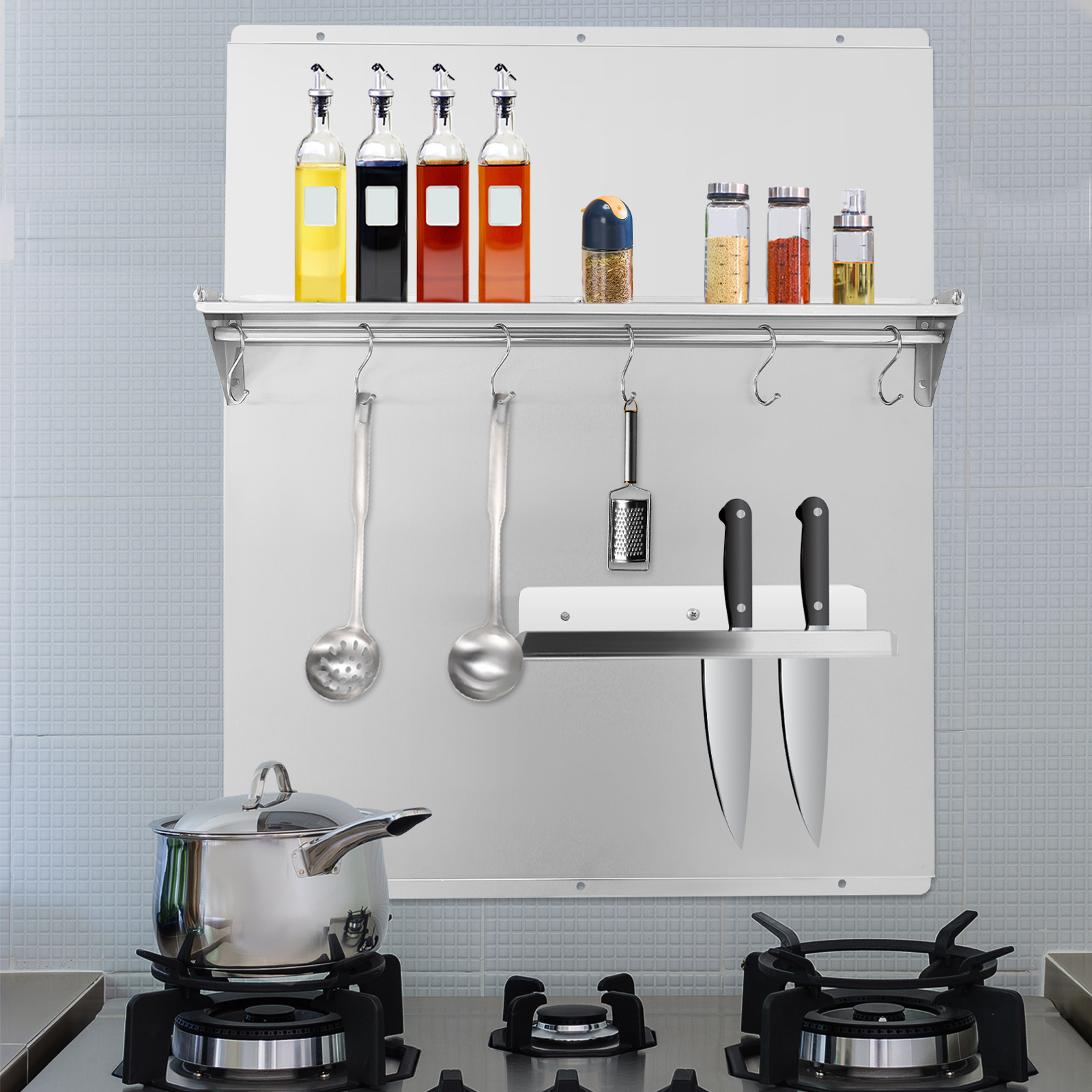 24x30 Inch Range Backsplash with Storage Shelf, Stainless Steel Splash Guard with 6 Hooks and Knife Rack, Easy Wall Mount for Kitchen Protection