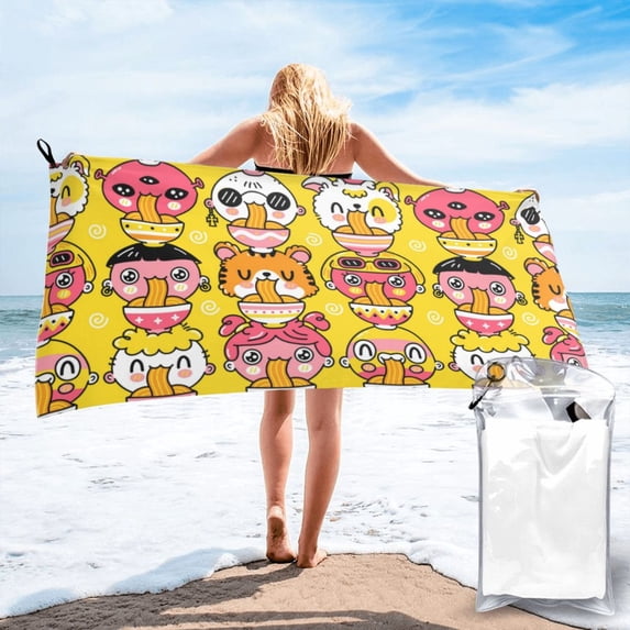 ZICANCN Microfiber Beach Towels, Cartoon Noodle Food Doodle Quick Dry Bath Towels 27.5"x55" Inch Oversized for Adults Men Women