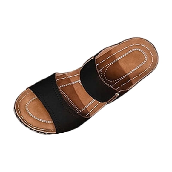 Black Ladies Casual Slides Featuring A Peep Toe And Elevated Wedge For A Stylish Lift
