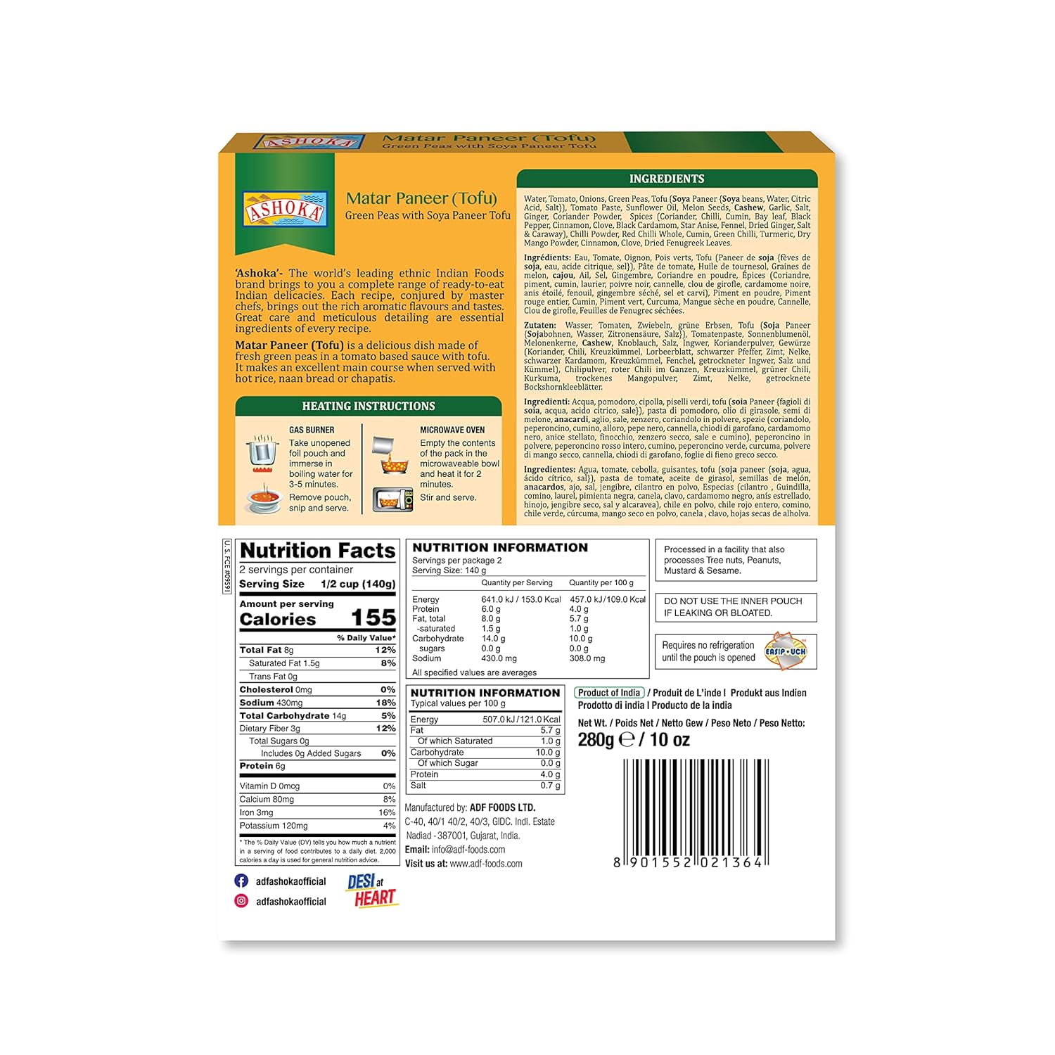 Ashoka Heat & Eat Meals 1932, Plant-Based Tofu & Green Peas Curry, Gluten-Free On the Go Meals, Kosher Certified, All-Natural Matar Paneer, Microwave Friendly with No Preservatives, Pack of 6