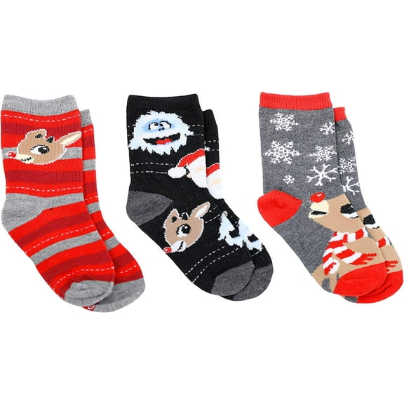 Rudolph the Red-Nosed Reindeer Kid's 3 Pack Crew Sock Gift Set, Shoe Size 7-10