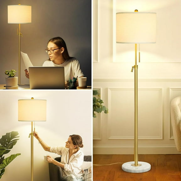 Gold Floor Lamp, Upgrade Adjustable 55"-67" Modern Tall Standing Lamp with Marble Base, Pull Chain 3-Way Dimmable Light for Bedroom, Living Room, Office, Bulb Included