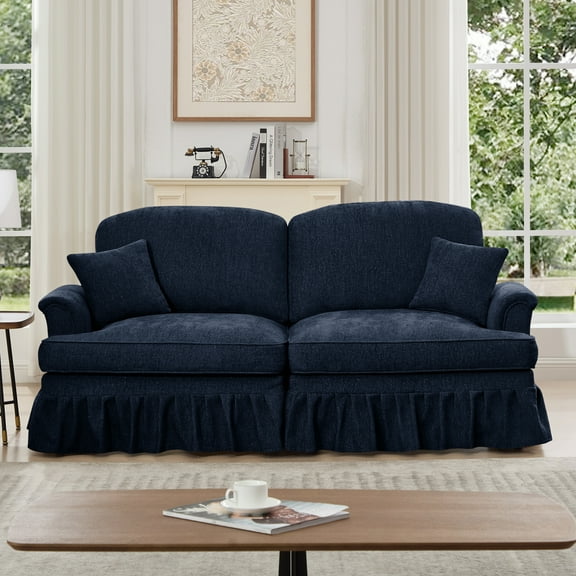 Lisonu Mid-Century Convertible Loveseat, Oversized 2-Seater Sofa in Blue Chenille with Removable Skirt and Spindle Legs