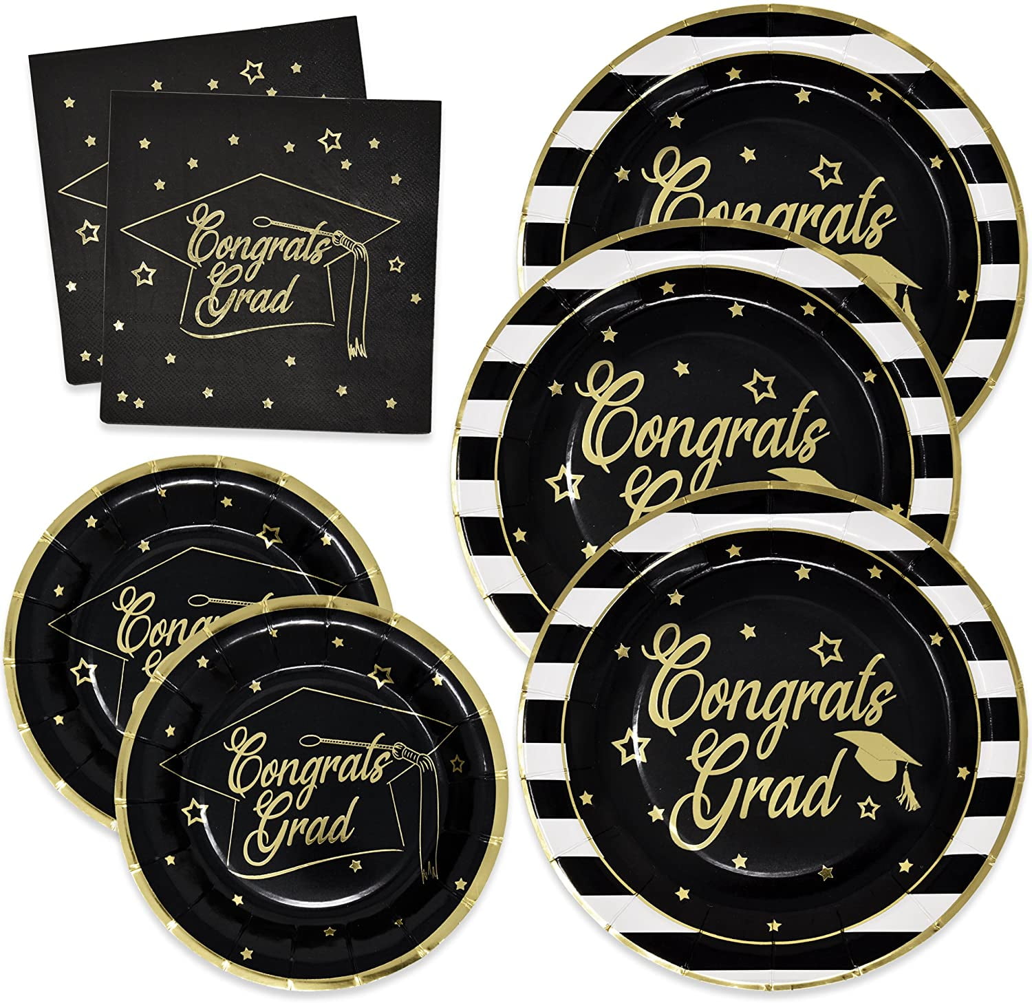 Graduation Disposable Dinnerware Set in Black and Gold Foil for 50 Includes 50 Dinner Paper