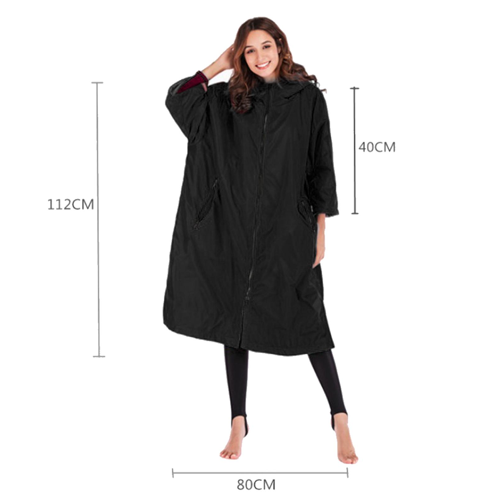 Thermal ed Windbreaker Long Fleece Lining Jacket Anorak Rain Coat Outdoor Water Sports Beach Swimming Changing Robe Poncho with , Inner Pocket - Black - image 4 of 9