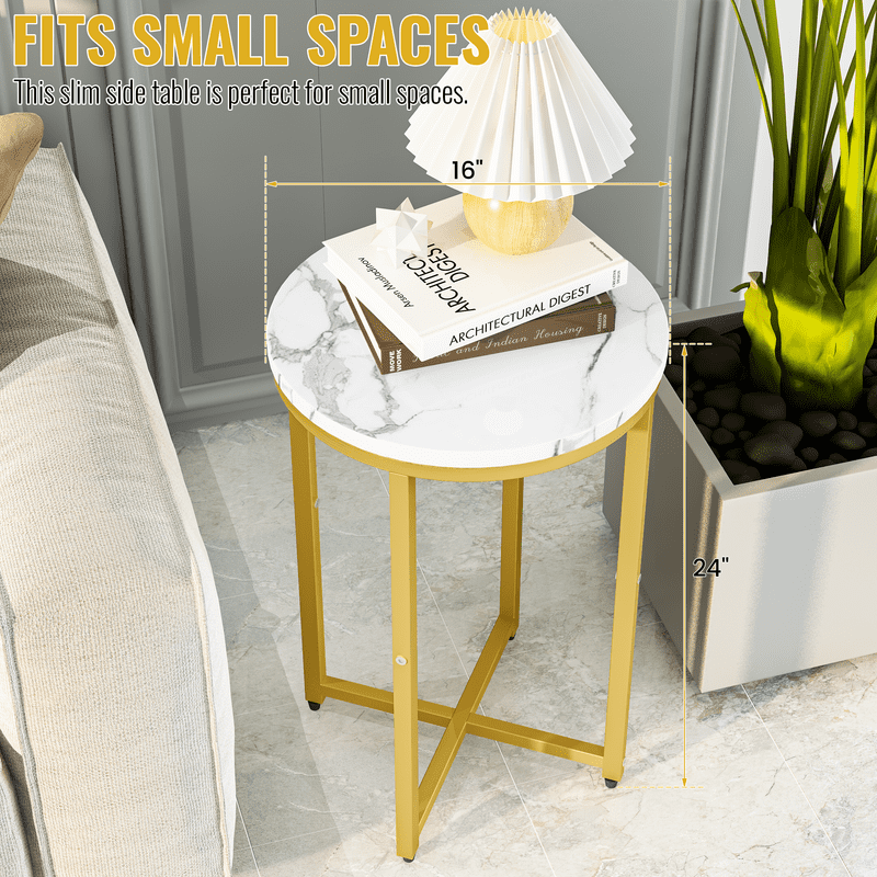 Baxluxe Round End Table Set of 2, Faux Marble Golden Side Table with Metal Base, Living Room Small Coffee Table Nightstand Bedside Table, 2 Pieces Sofa End Table for Living Room, Bedroom, Gold