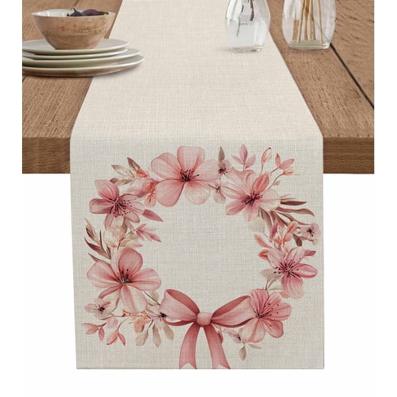 Spring Flowers Table Runner 36 Inches, Floral Wreaths Watercolor Countryside Bed Runner Dresser Scarves Tabletop for Indoor Outdoor Parties/Ceremony/Banquet, 13"x 36"