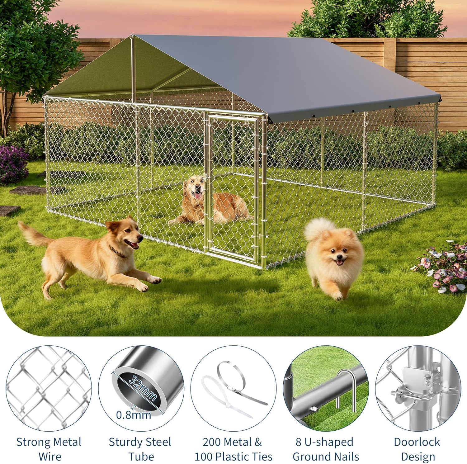 QinaQin 10x10x6Ft Large Outdoor Dog Kennel,Heavy Duty Dog Kennel with Waterproof Roof & Door Lock,Reinforced Galvanized Steel,Metal Large Dogs Cage for Backyard,Silver