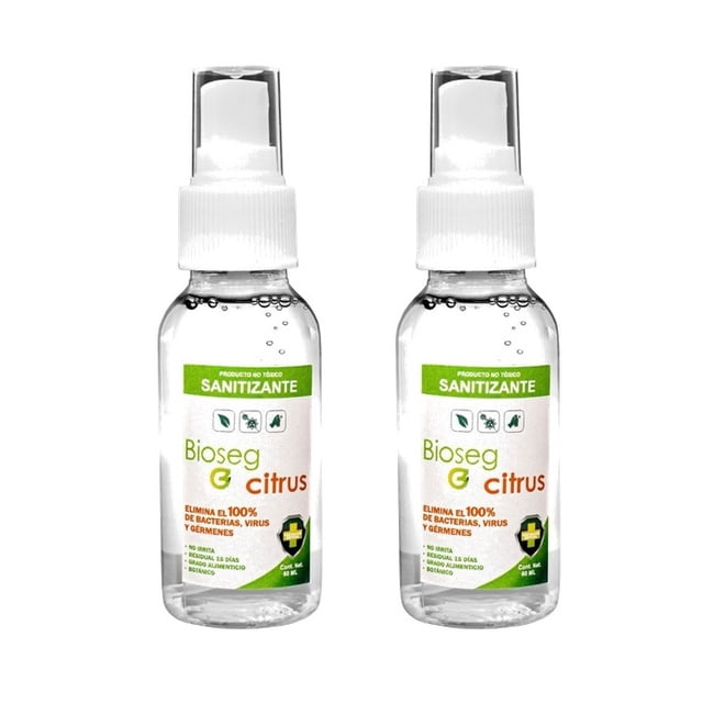 2pz Spray Sanitizante Citrus, Antibacterial Orgánico de Bolsillo Bioseg 60 ml cada uno