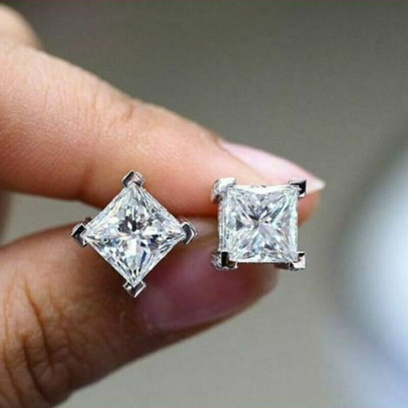2ct Princess Cut Diamond Solitaire With Accent Stud Earring 925 Sterling Silver