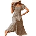 thumbnail image 4 of Women'S Summer Boho Floral Midi Dress Casual Short Sleeve Square Neck Flowy Beach Vacation Long Dress Khaki S, 4 of 10