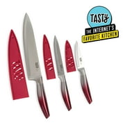 Tasty Chef Knife Set, 3 Piece, Stainless Steel Blades with Guards, Ombre Handles, Red