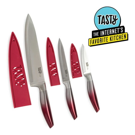 Tasty Chef Knife Set, 3 Piece, with 8" Chef, 5" Utility and 3.5" Paring with Matching Blade Guards, Ombre Handles, Red