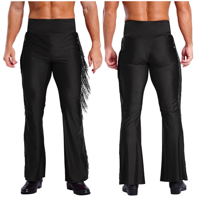 TiaoBug Retro 70S Disco Tassel Flared Pants Latin Ballroom Tango Practice Performance Bell-Bottom Dance Pants Black L