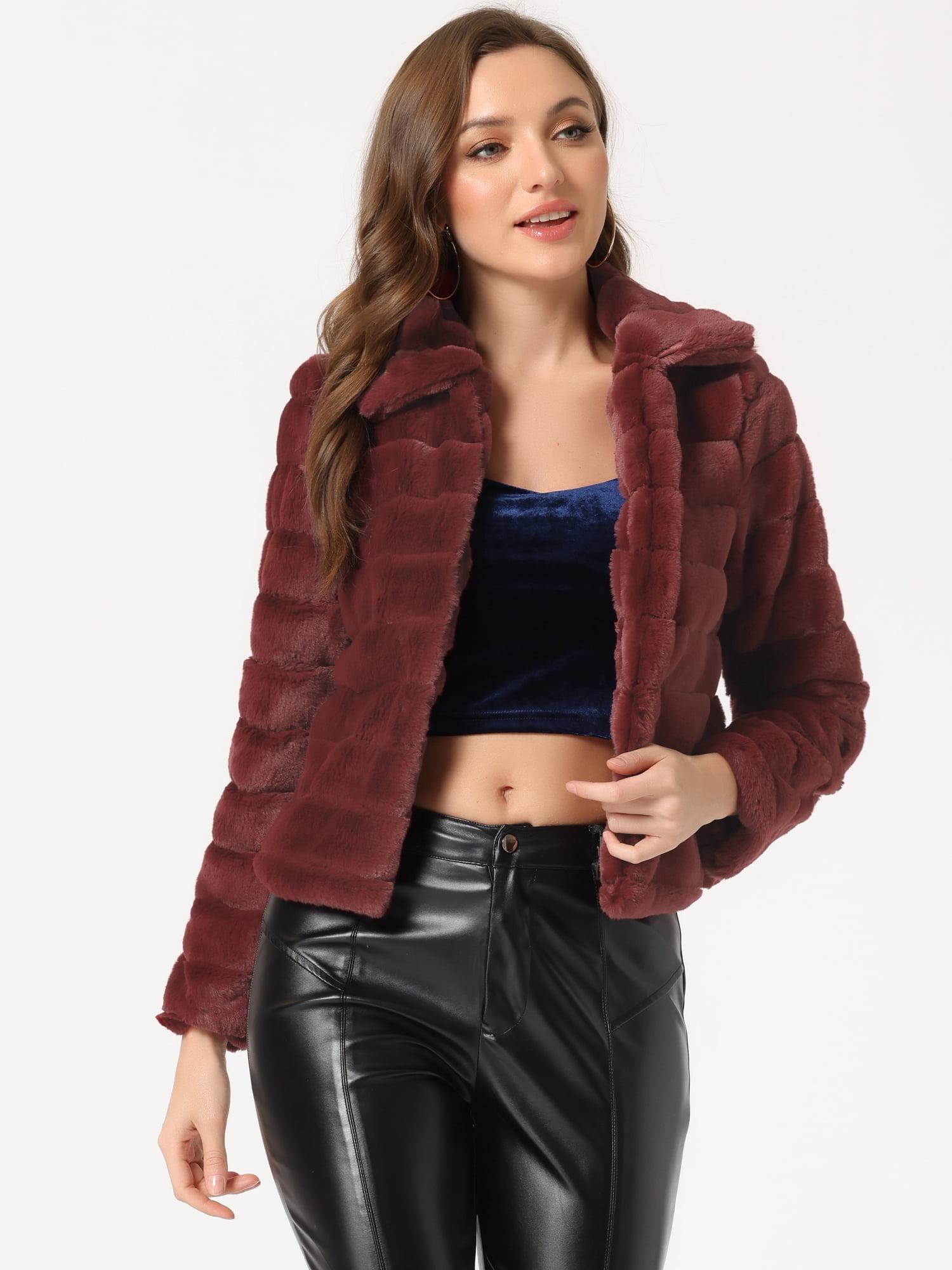 DARING DIVA Women's Faux Fur Fluffy Coat Collar Cropped Jacket M Burgundy
