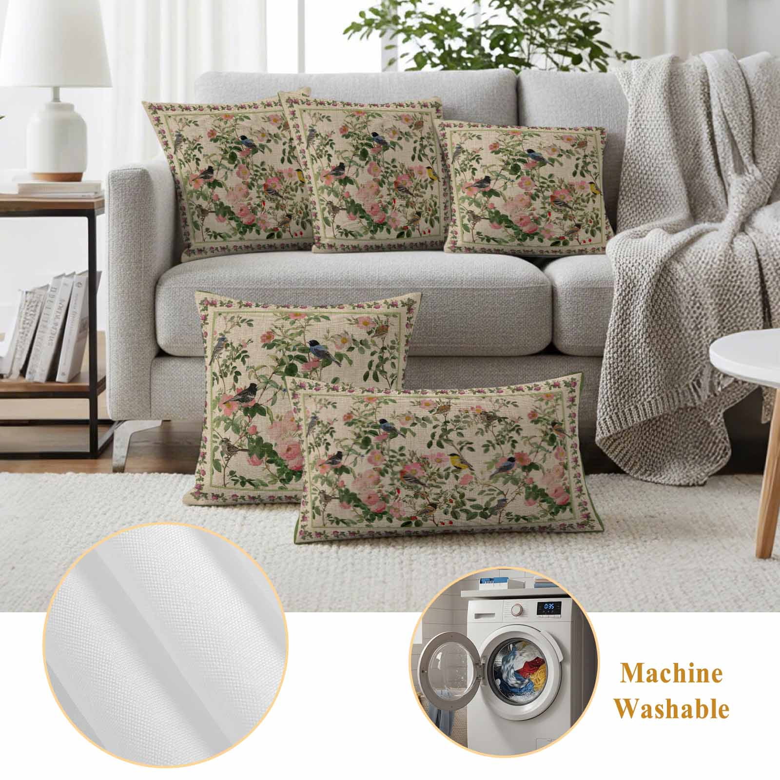 Spring Pillow Covers 2 Pack Oriental Traditional Ethnic Floral Birds Retro Linen Pillowcase Waterproof Outdoor Throw Pillow Cover for Patio Garden Square Cushion 26”x26”