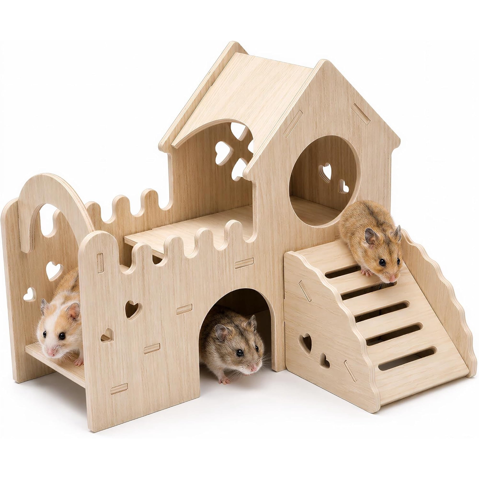 Wooden Hamster & Guinea Pig Castle Hideout, Double-Decker Maze Hut | w/ Slide Ladder Platform，Cage Accessories for Dwarf Syrian Hamsters Gerbils Mice Rat, Sturdy Easy Assemble Chew Habitat Hut