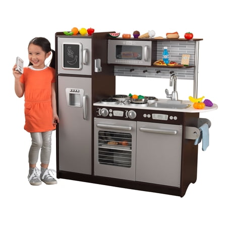 KidKraft Uptown Espresso Wooden Play Kitchen and 30-Piece Play Food Accessories