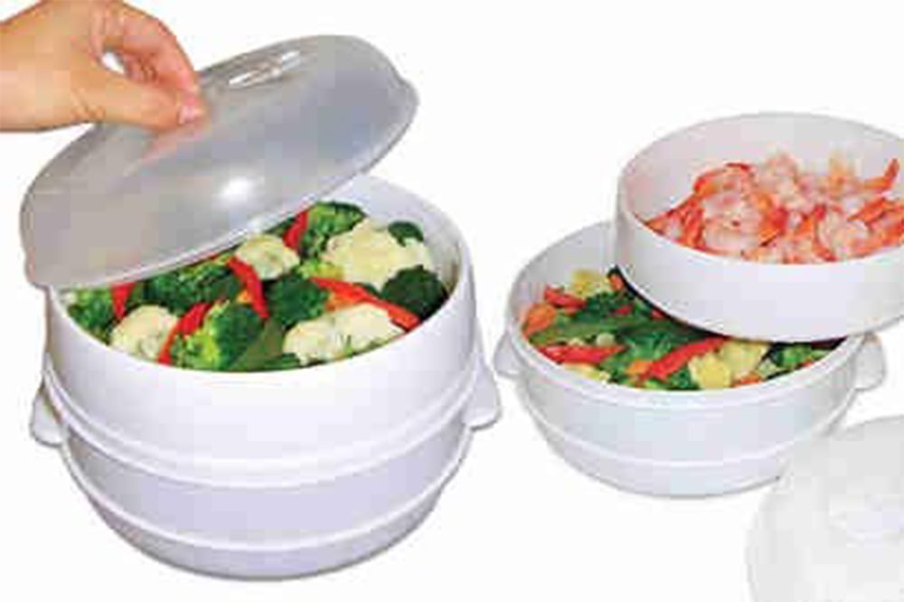 2 Tier Microwave Steamer Healthy Cooking Quick Fast Vegetables, Fish, Shellfish Oil Free Cooker BPA Free Plastic