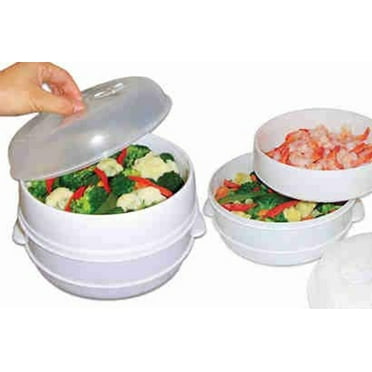 Dependable Industries 2 Tier Microwave Steamer Healthy Cooking Quick Fast Vegetables, Fish, Shellfish Oil Free Cooker
