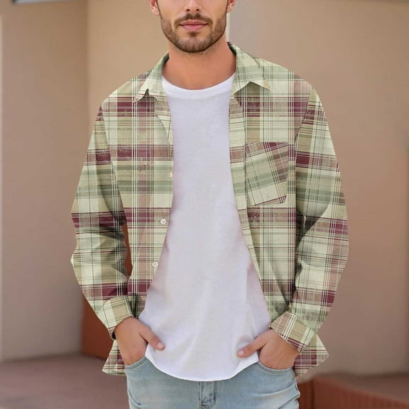 DAFPZW Classic Plaid Lapel Shirts for Men 2025 Vintage Button Down Shirt Long Sleeve Stylish Checkered Jackets