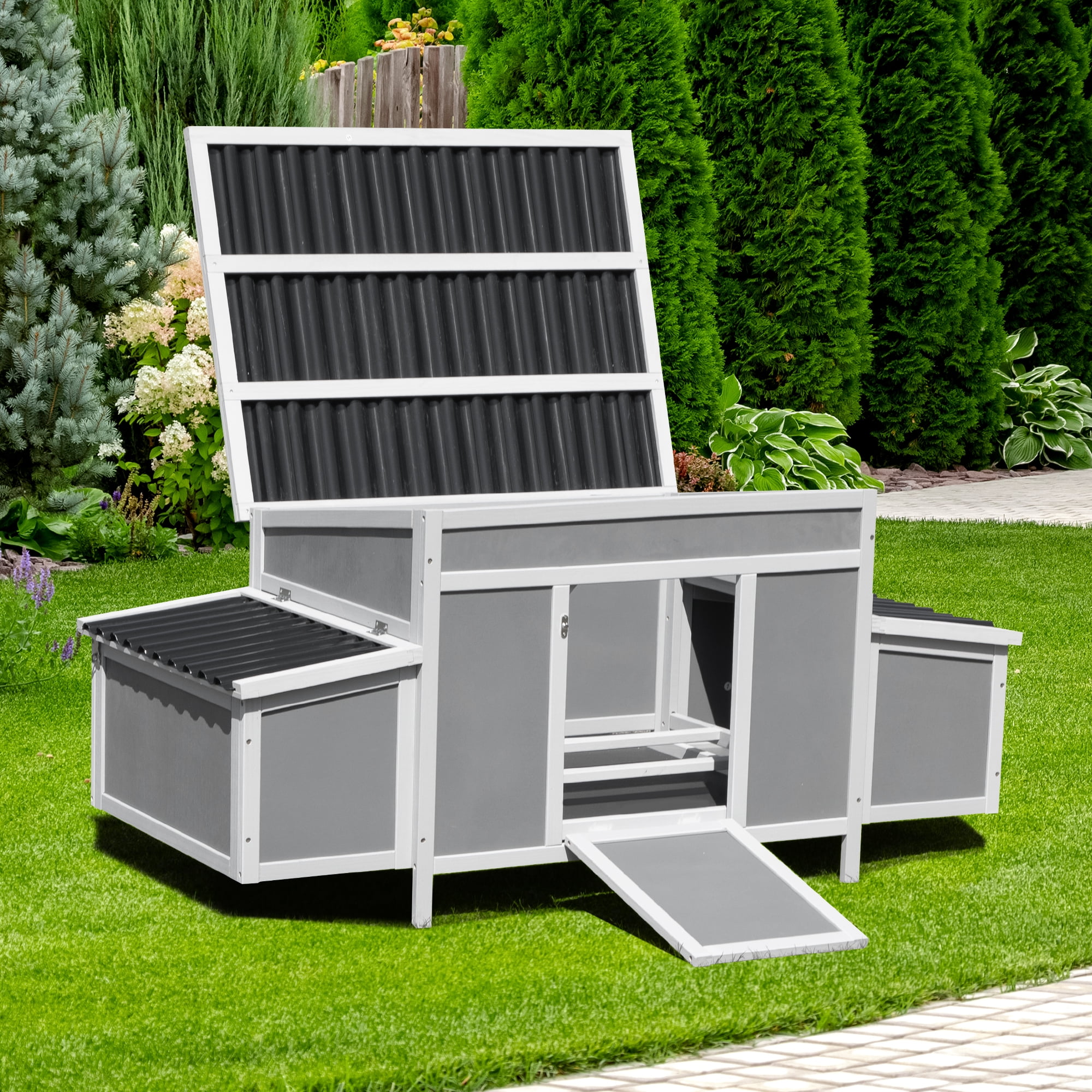 Pefilos 58" Wooden Rabbit Hutch Outdoor & Waterproof Guinea Pig Hutch with Egg Carton and Pull-Out Drawer, Gray Pefilos 58" Wooden Rabbit Hutch Outdoor & Waterproof Guinea Pig Hutch with Egg Carton and Pull-Out Drawer, Gray