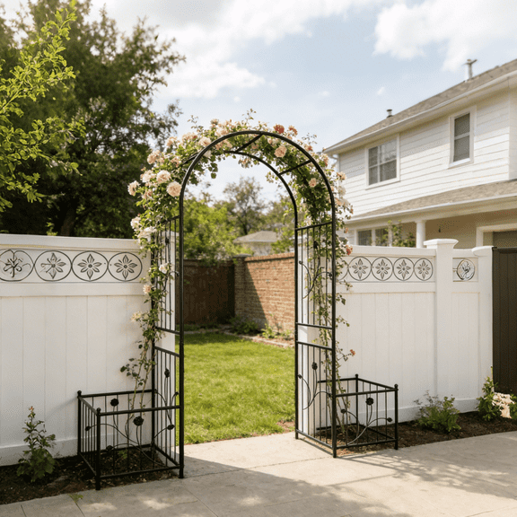 79.5" W x 86.6" H Black Metal Garden Arch with Two Integrated Plant Stands – Sturdy Climbing Plant Support for Roses, Vines & Clematis, Decorative Outdoor Arbor for Patio, Backyard & Lawn