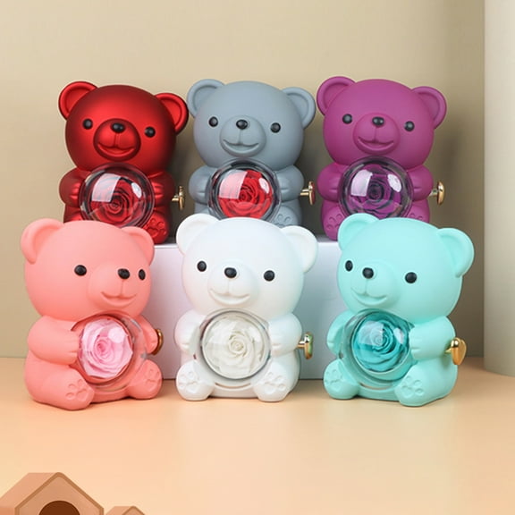 Preserved Rose Hug Bear Gift Box with Handbag Eternal Flower Rotating Bear Jewelry Holder for Women Valentine's Day Anniversary