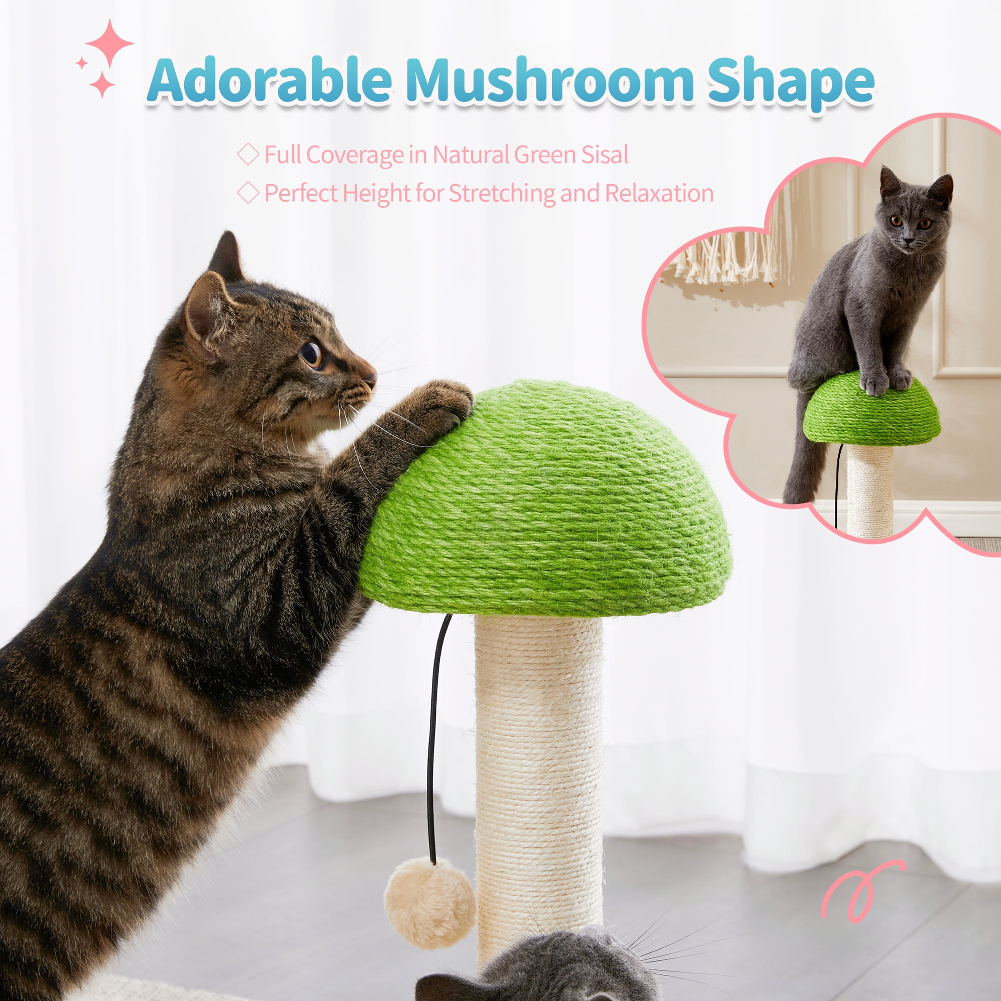 Made4Pets Cat Scratching Post Wood Scratch with Interactive Track Ball Toy, Sisal Ropes and Dangling Cat Toy 20", Green