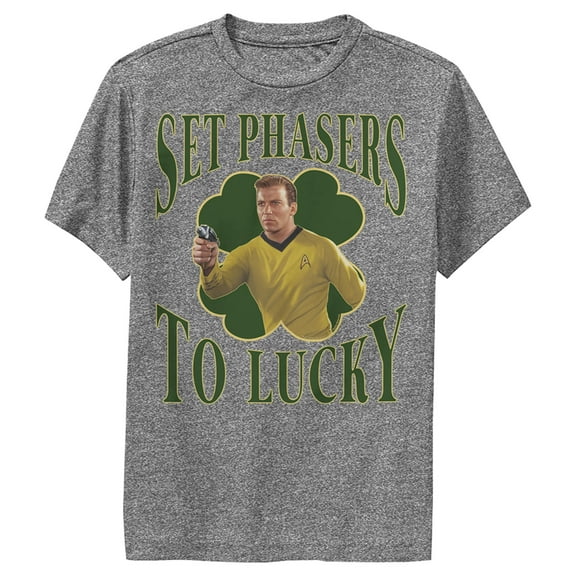 Boy's Star Trek: The Original Series St. Patrick's Day Captain Kirk Set Phasers to Lucky  Performance Graphic Tee Charcoal Heather Medium